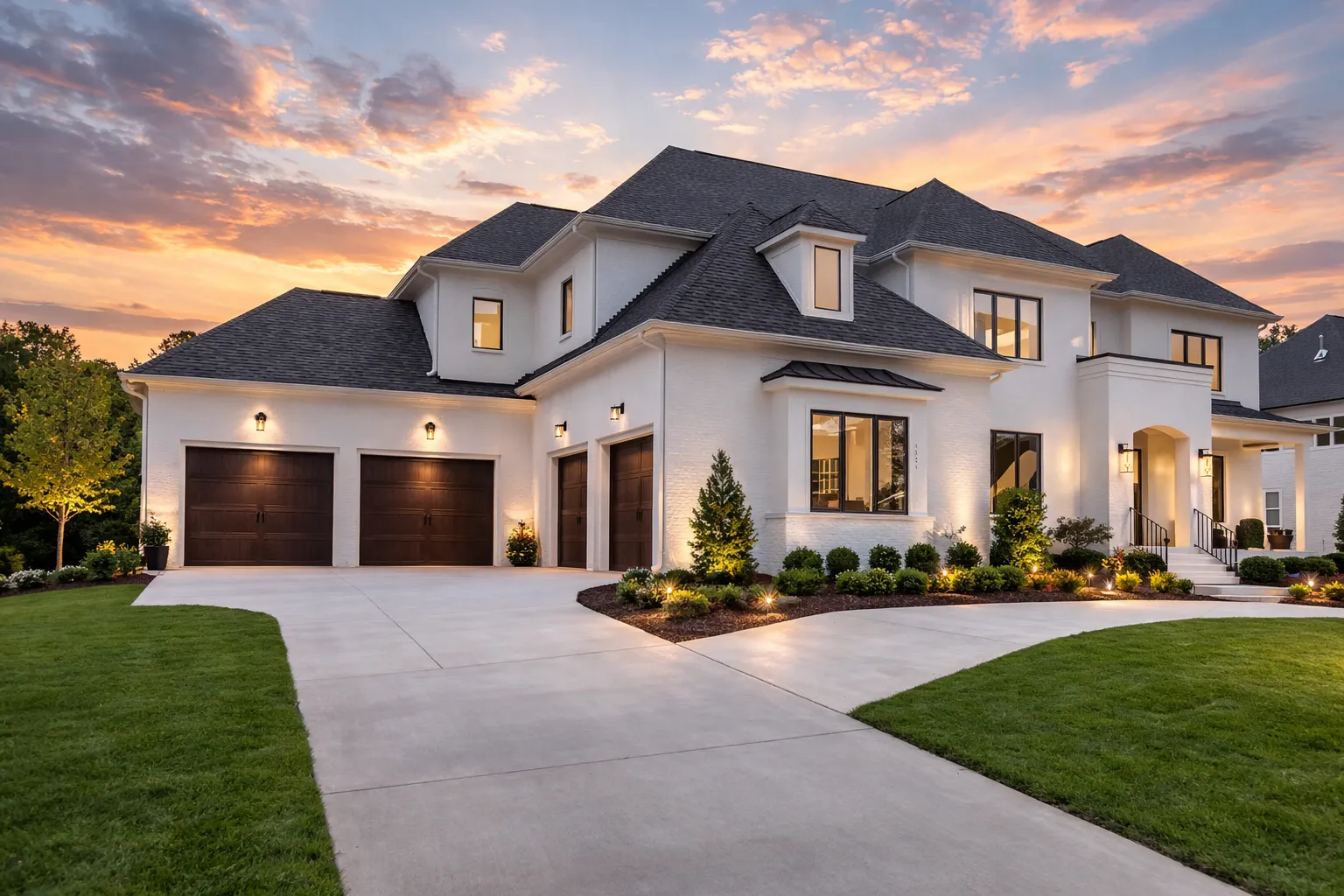 Front exterior of a French Country style luxury home featuring smooth stucco walls, arched windows, dark trim, and a three-car garage