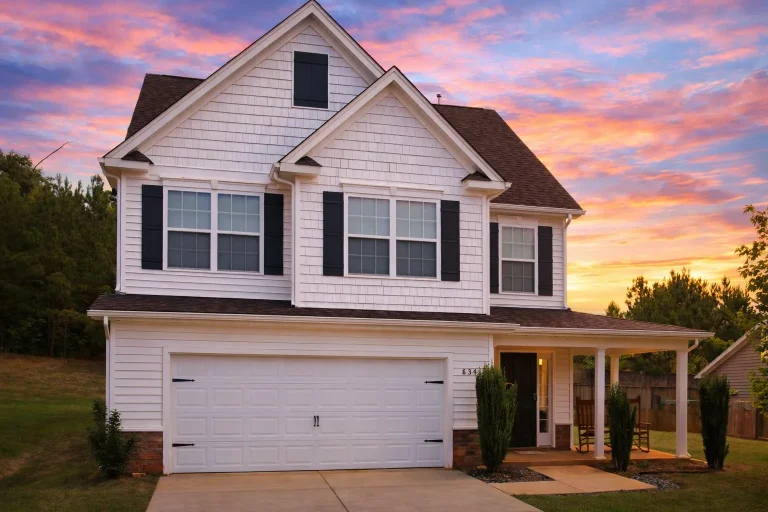 Front elevation of a Traditional Colonial style house featuring horizontal siding, stone wainscoting, black shutters, and a front-entry porch