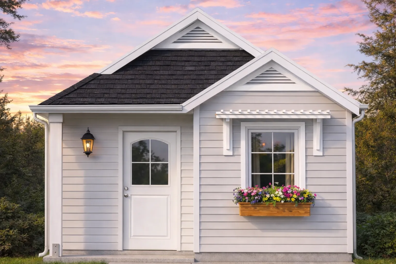 Front exterior of an American Cottage style home featuring horizontal siding, stone wainscot, gable rooflines, and traditional detailing