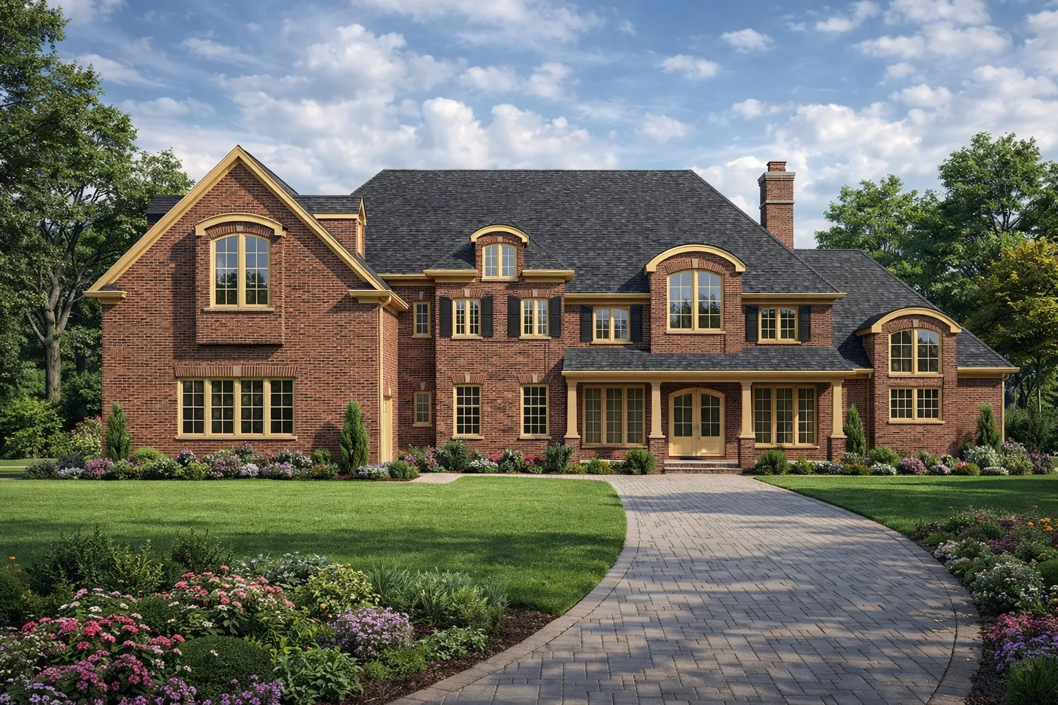 Front elevation of a Traditional Colonial style home with brick exterior, stone accents, symmetrical windows, and covered entry