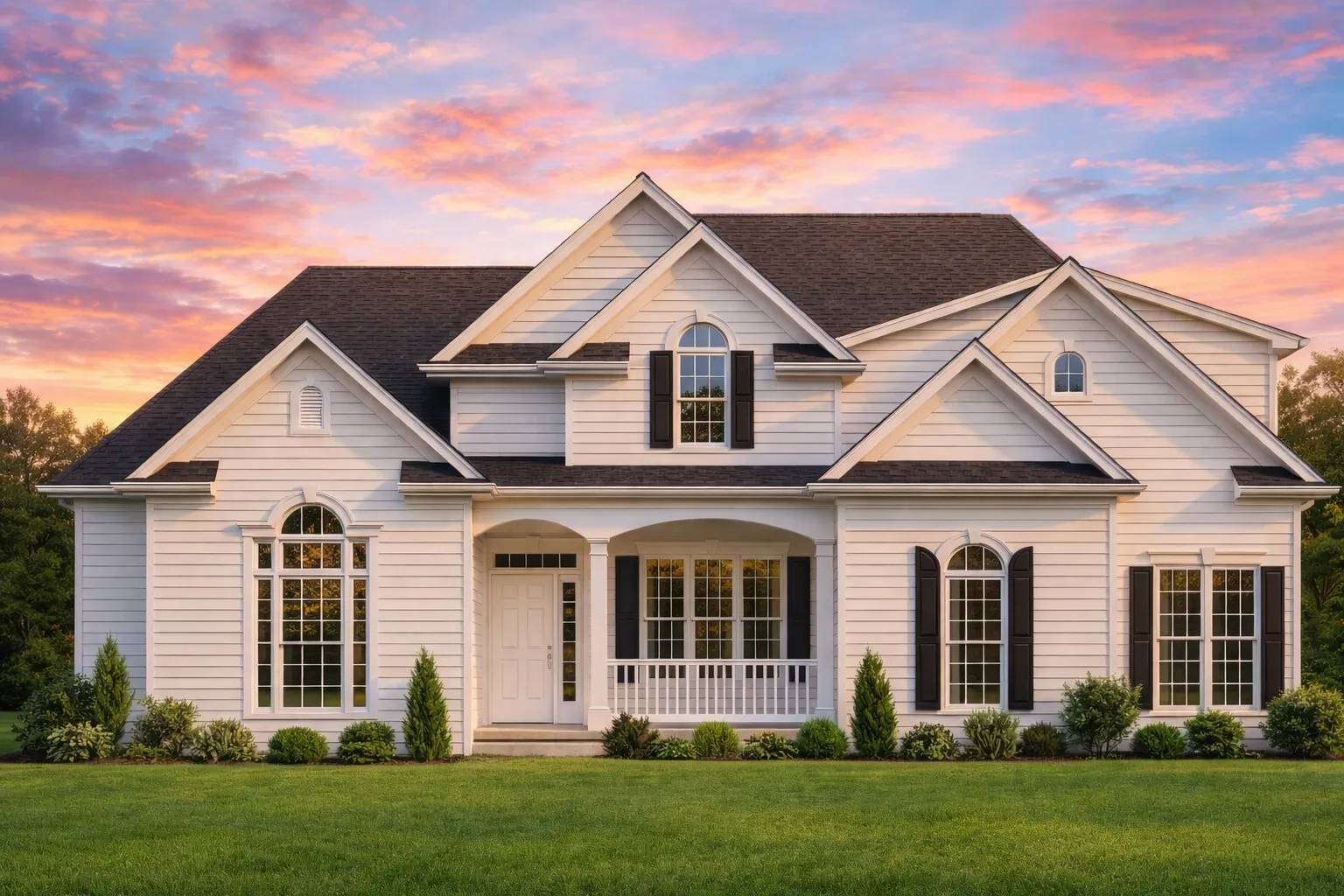 Front elevation of a New American / Modern Traditional two-story home featuring horizontal lap siding, white trim, arched windows, shutters, brick steps, and a covered front porch