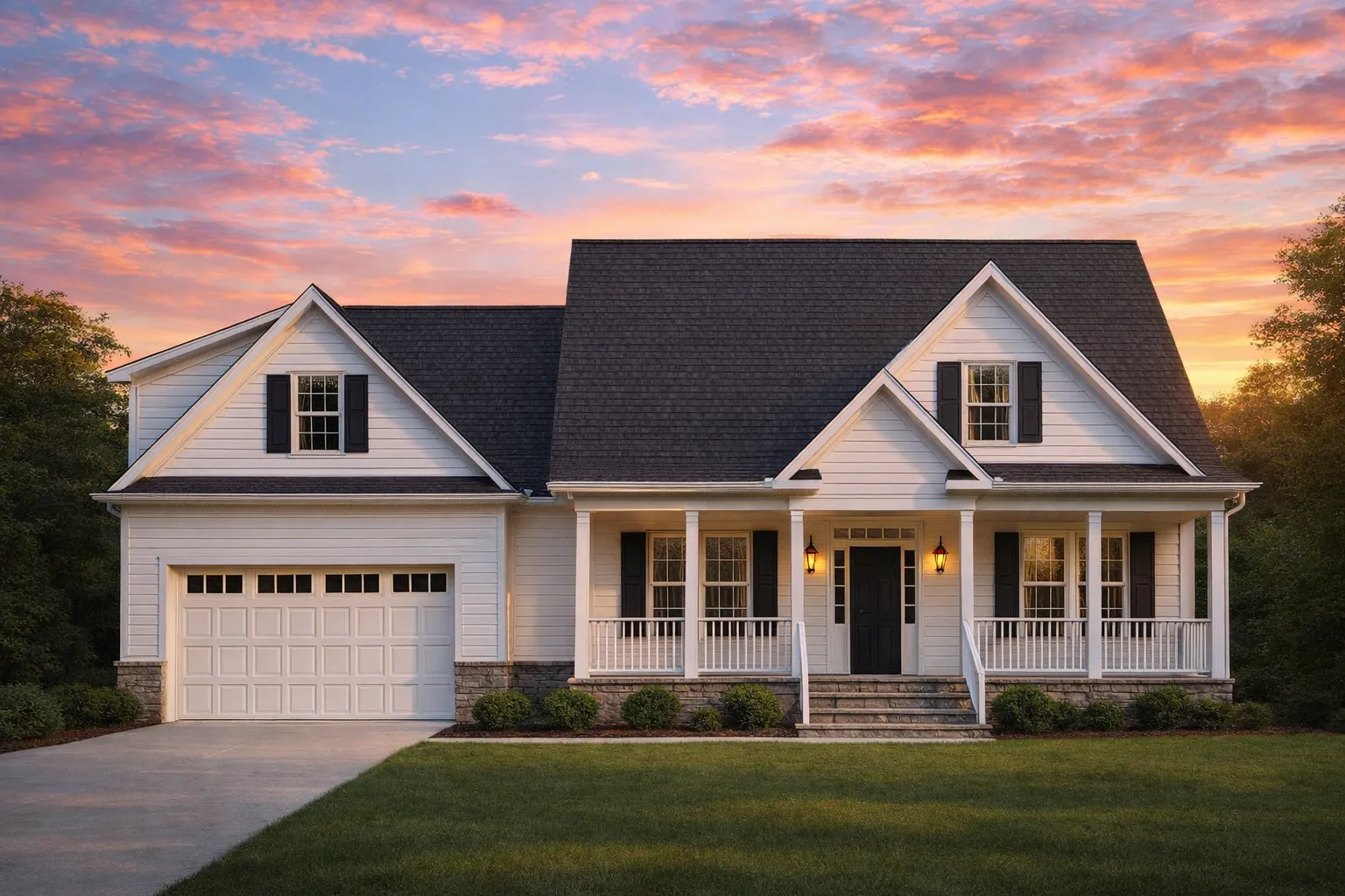 Front elevation of a Cape Cod style home with horizontal lap siding, stone foundation accents, covered front porch, and attached garage
