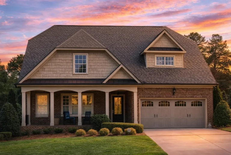 Front view of a Traditional Colonial style home featuring a blend of brick, lap siding, and shingle accents with a welcoming covered porch and dormer window