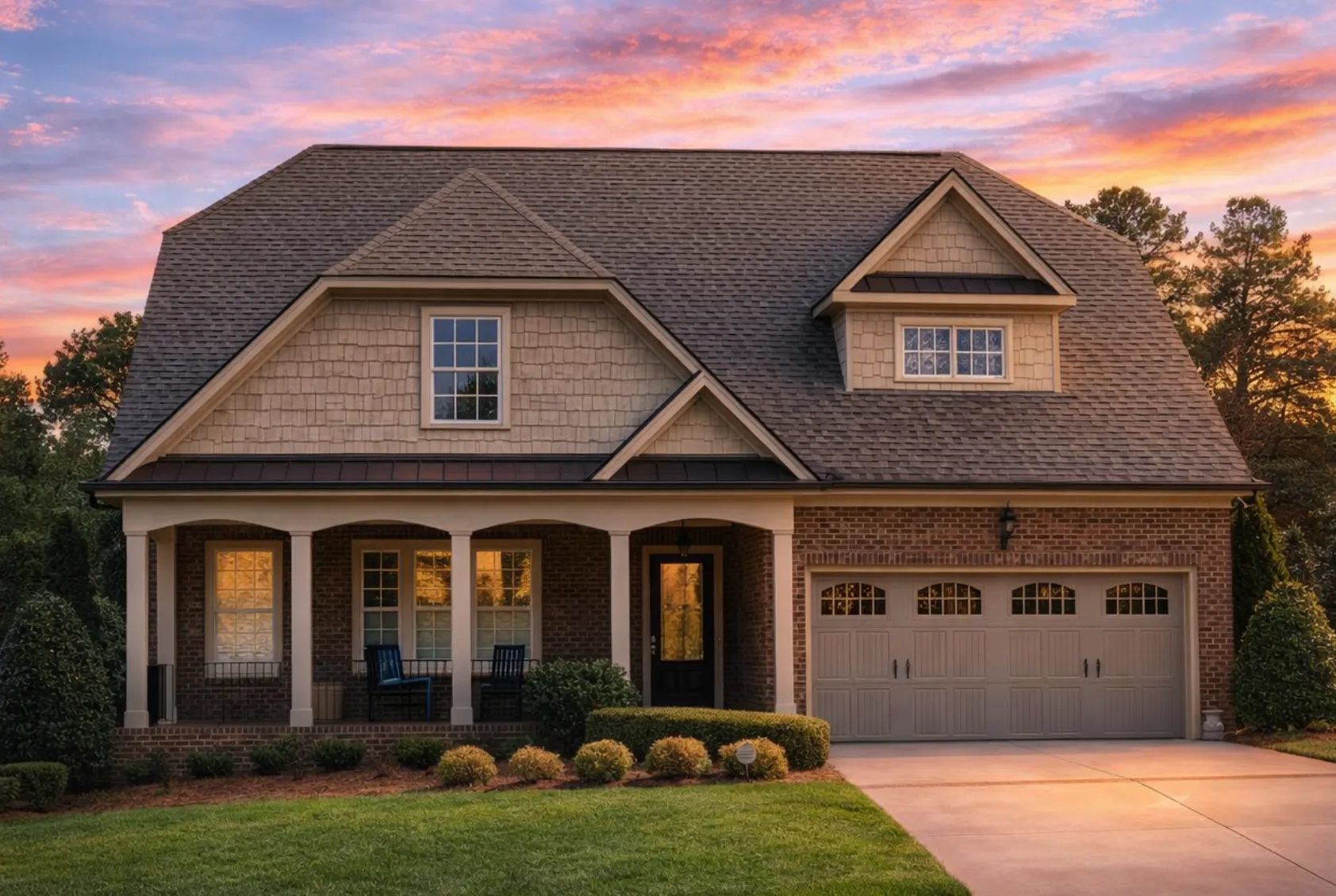 Front view of a Traditional Colonial style home featuring a blend of brick, lap siding, and shingle accents with a welcoming covered porch and dormer window