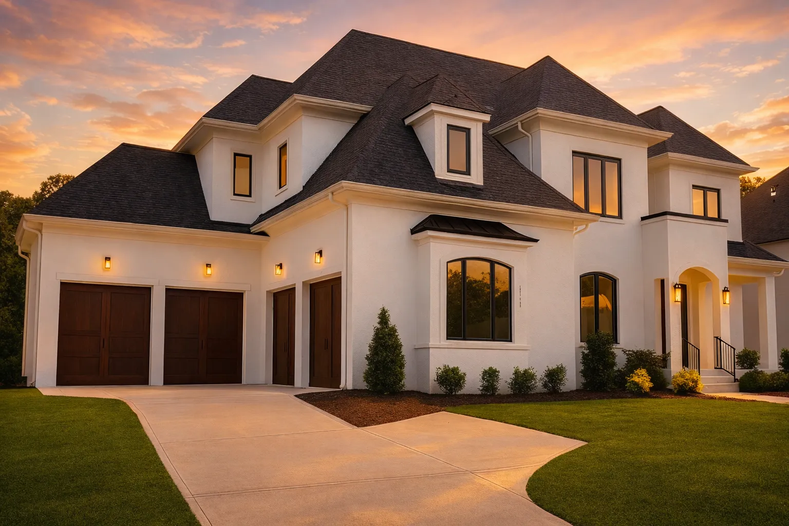 3 Bedroom House Plans 7 Front exterior of a French Country style luxury home featuring smooth stucco walls, arched windows, dark trim, and a three-car garage