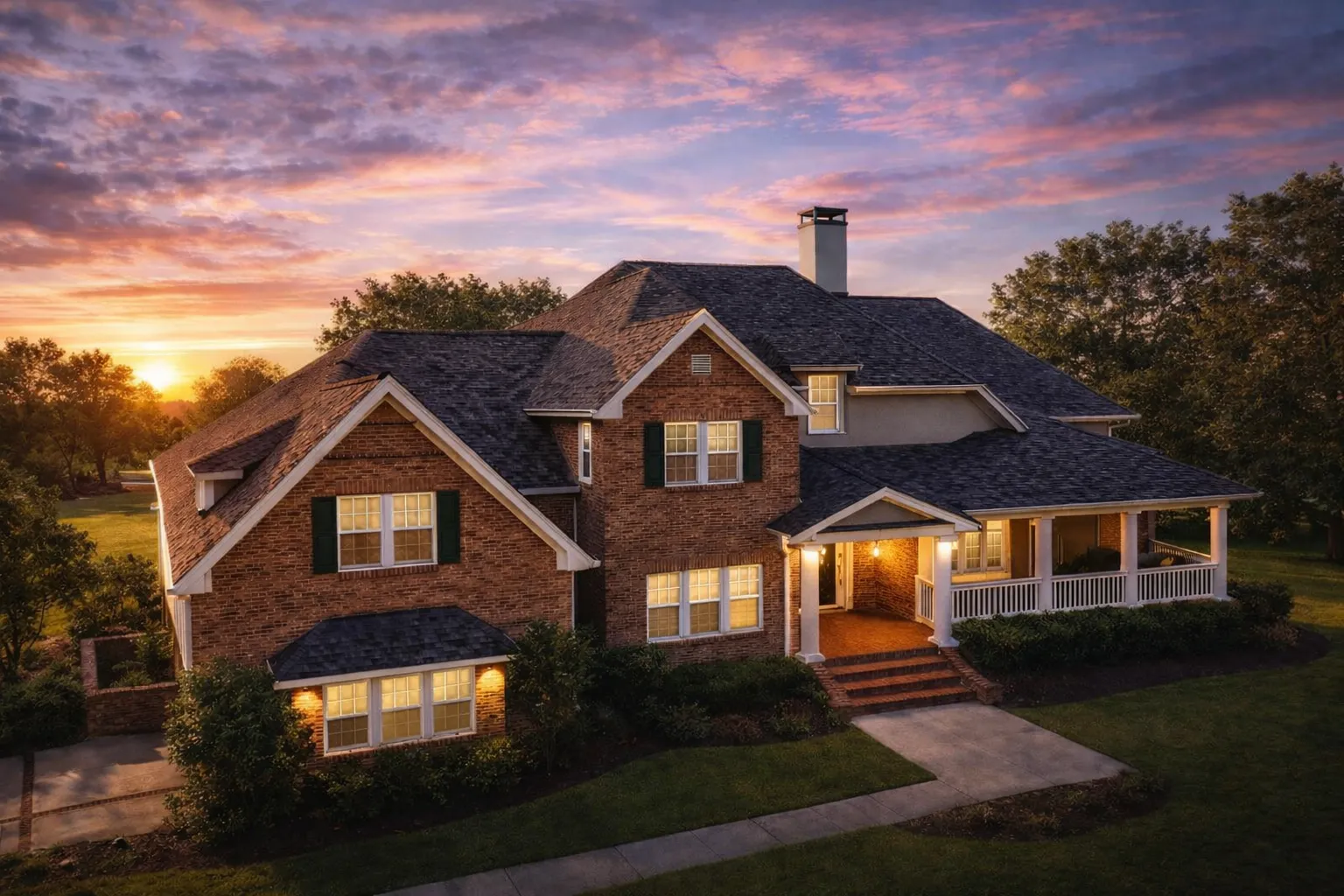 Front elevation of a Traditional Colonial style brick home with symmetrical windows, covered front porch, and classic New American detailing