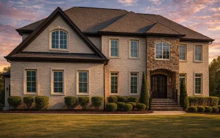Front elevation of a Traditional Colonial style home with full brick exterior, symmetrical windows, and classical entry detailing