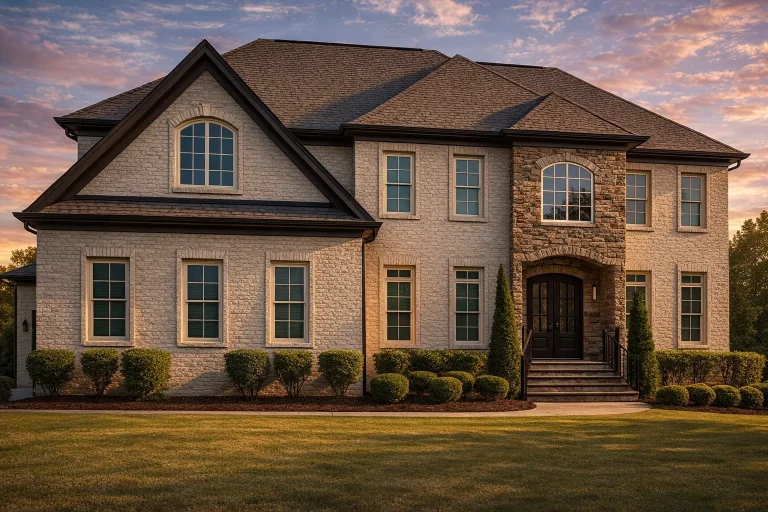 Front elevation of a Traditional Colonial style home with full brick exterior, symmetrical windows, and classical entry detailing