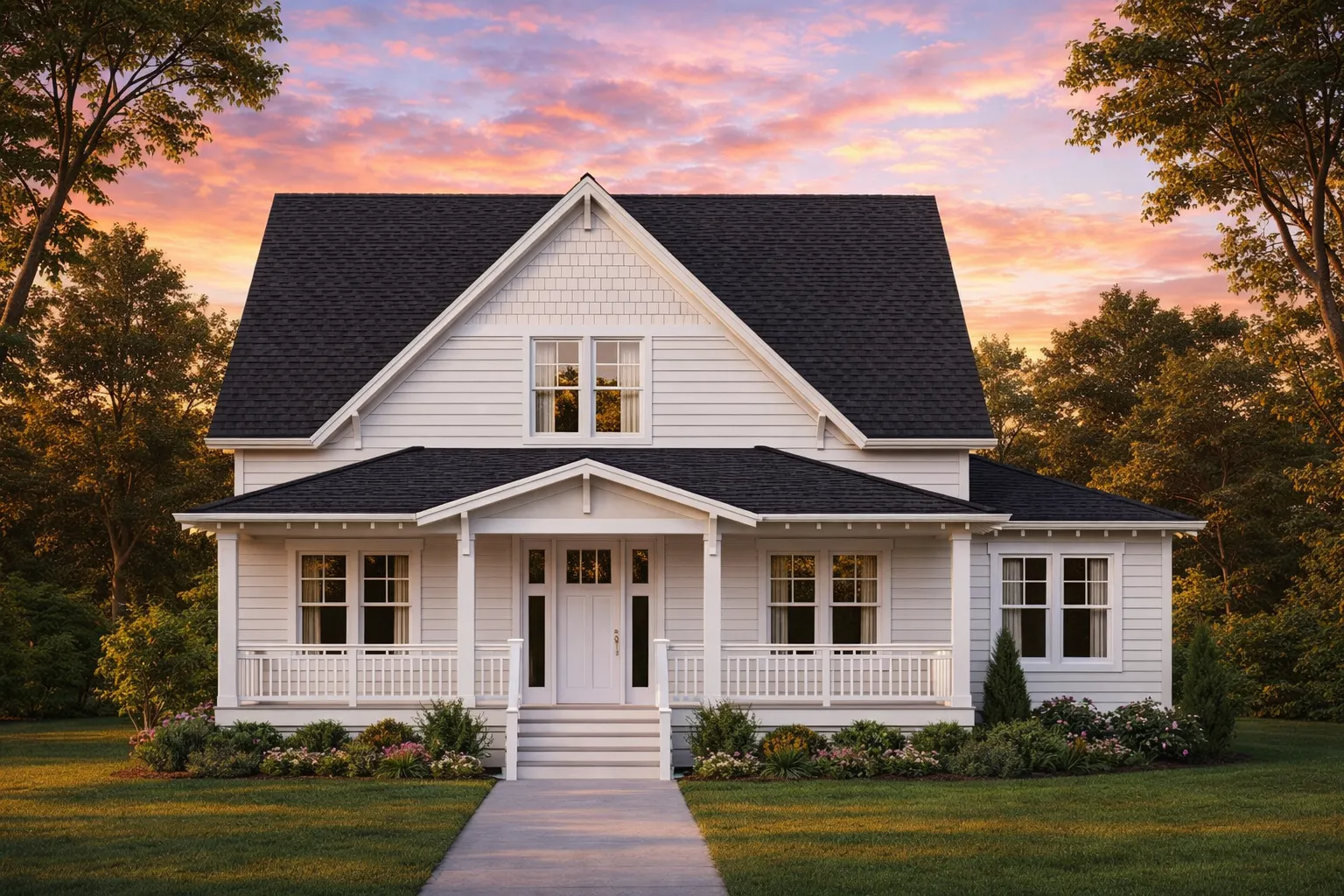 Front view of a Modern Farmhouse style home featuring white horizontal siding, dark roof, covered porch, and symmetrical windows