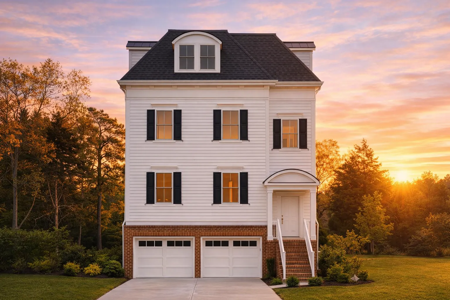 Front elevation of a Classical Southern Neoclassical home featuring stacked porches, columns, and symmetrical Colonial Revival design