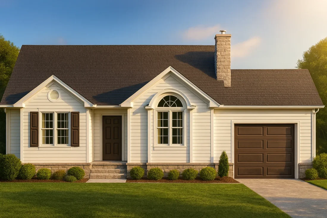 Front elevation of a Traditional Ranch style home featuring horizontal siding, stone chimney, symmetrical windows, and classic suburban curb appeal