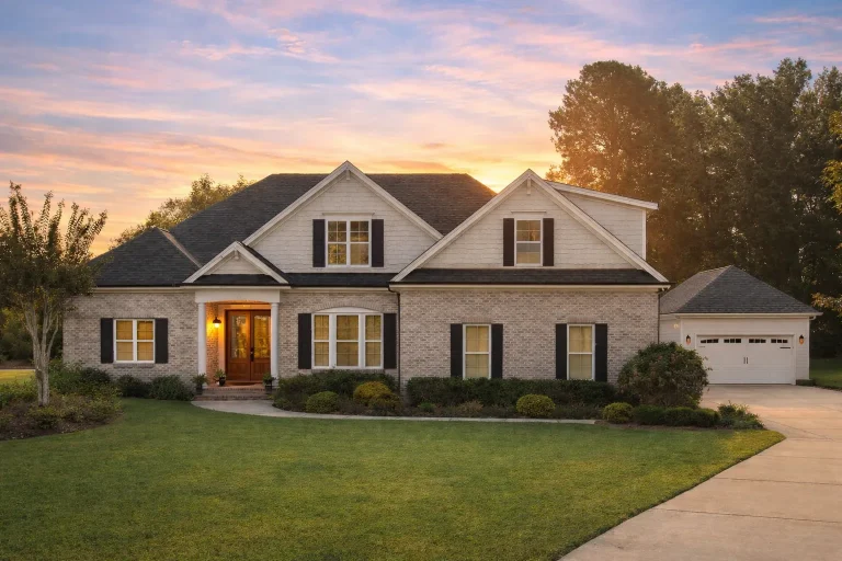 Front elevation of a New American Traditional style home with horizontal siding, gabled rooflines, shutters, and an attached garage