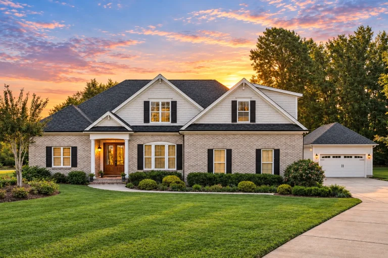 Front elevation of a New American Traditional style home with horizontal siding, gabled rooflines, shutters, and an attached garage