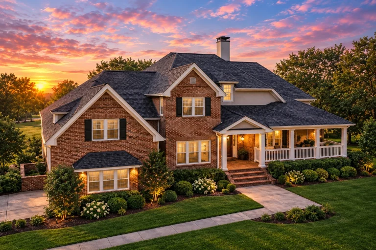 Front elevation of a Traditional Colonial style brick home with symmetrical windows, covered front porch, and classic New American detailing