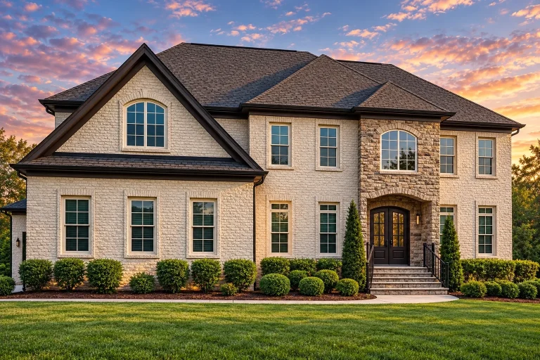 Front elevation of a Traditional Colonial style home with full brick exterior, symmetrical windows, and classical entry detailing