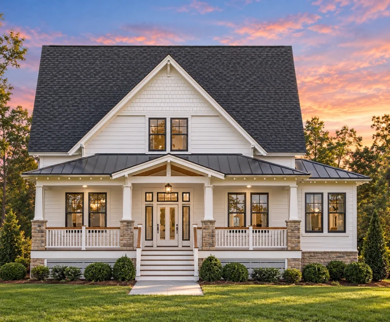 Southern House Plans 1 Front view of a Modern Farmhouse style home featuring white horizontal siding, dark roof, covered porch, and symmetrical windows