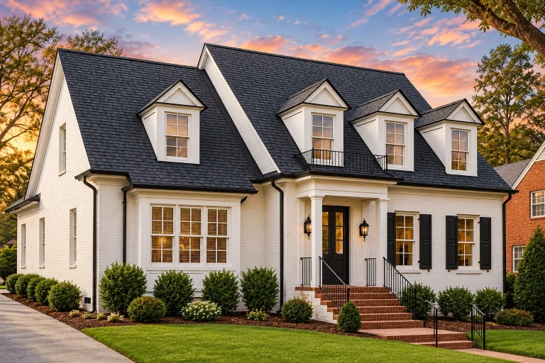 Cottage House Plans 2 Front view of a Colonial Revival Cape Cod style home featuring painted brick exterior, symmetrical dormers, and black shutters for timeless curb appeal