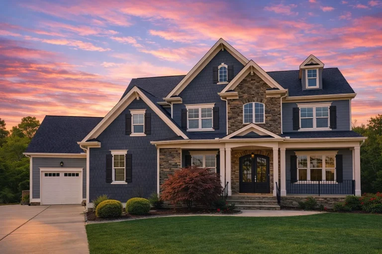 Front elevation of New American style home with lap siding, stone accents, gabled rooflines, and covered entry porch at sunset