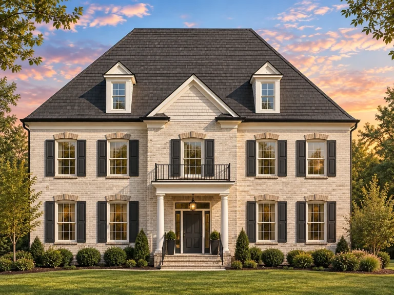Tudor House Plans 25 Front elevation of a Georgian Colonial style home with classic brick exterior, symmetrical windows, shutters, and central entry