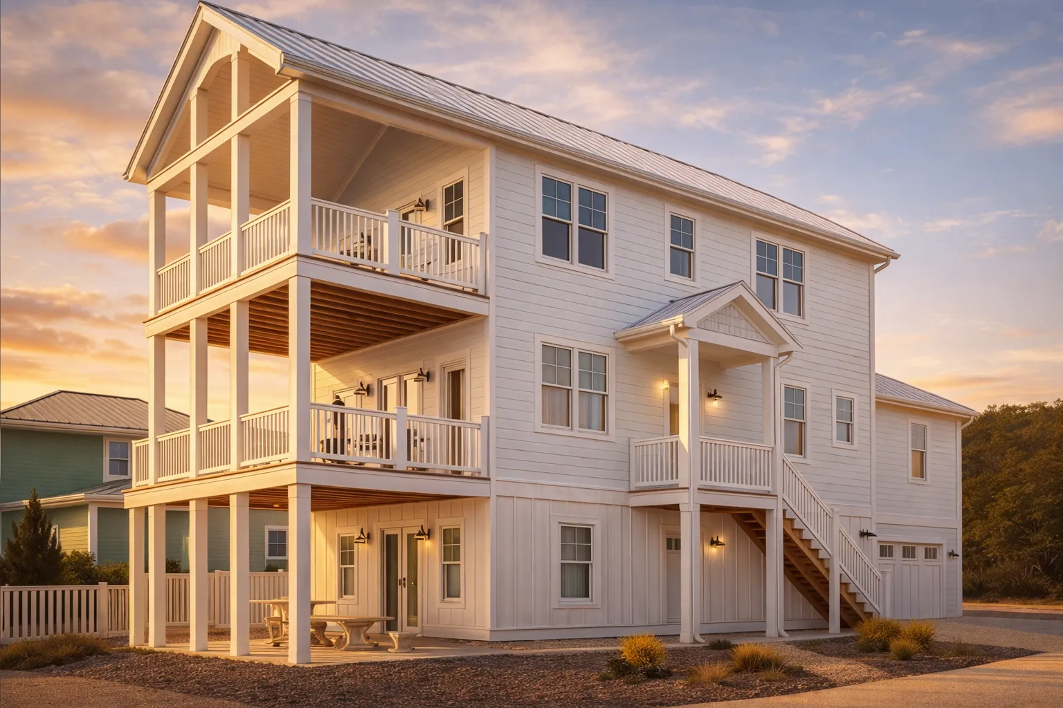 Front exterior view of an elevated coastal beach house with multiple wraparound porches, horizontal siding, and classic Low Country architecture