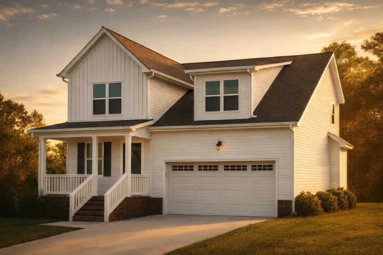House Plans with Home Office 13 Front elevation of a modern farmhouse style home featuring white board and batten siding, covered porch, and attached two-car garage