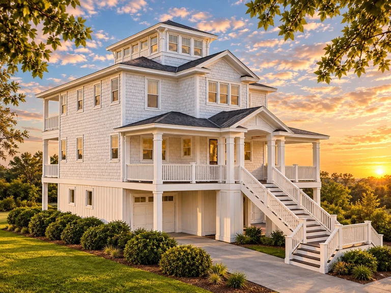 Front exterior view of an elevated coastal beach house with shingle siding, wraparound porch, exterior stair, and multiple covered balconies
