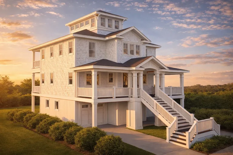 Front exterior view of an elevated coastal beach house with shingle siding, wraparound porch, exterior stair, and multiple covered balconies