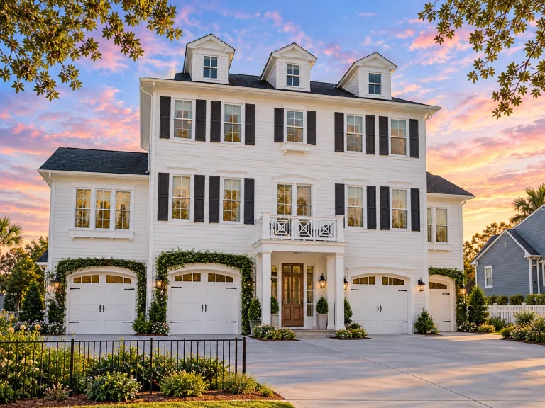 Modern Suburban House Plans 8 Front elevation of a Coastal Traditional home with Neo-Colonial symmetry, white horizontal siding, dormer windows, and multi-car garage