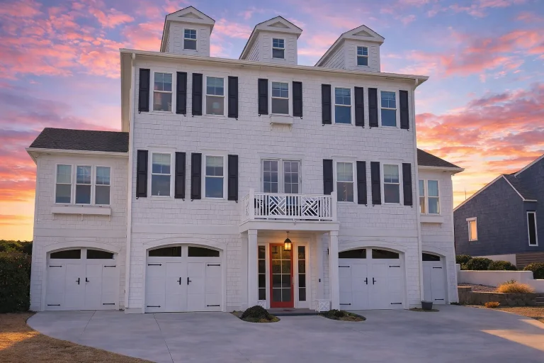 Front elevation of a Coastal Traditional home with Neo-Colonial symmetry, white horizontal siding, dormer windows, and multi-car garage