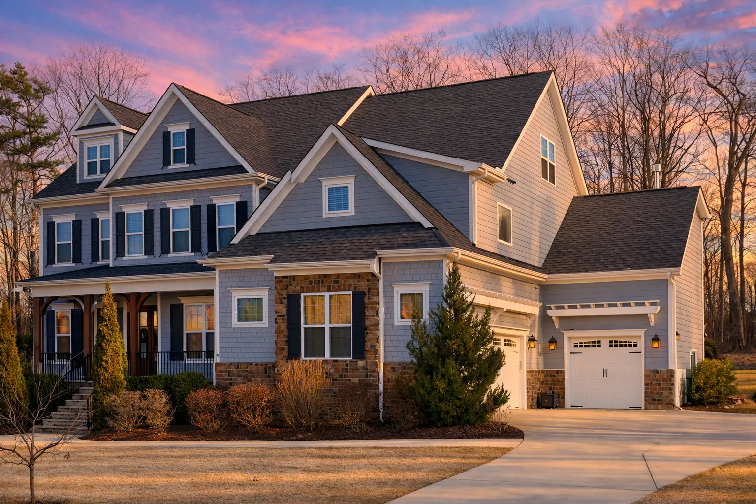 Front elevation of a New American Modern Traditional house featuring shingle siding, stone accents, symmetrical windows, and classic suburban curb appeal