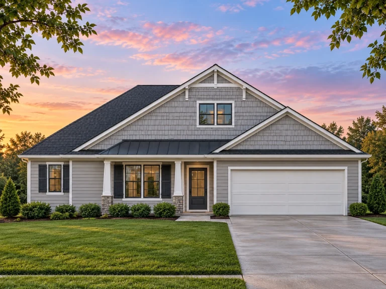 House Plans with Walk-In Pantry 15 Front elevation of a Craftsman Ranch style home featuring horizontal lap siding, shingle gables, covered porch, and a two-car garage