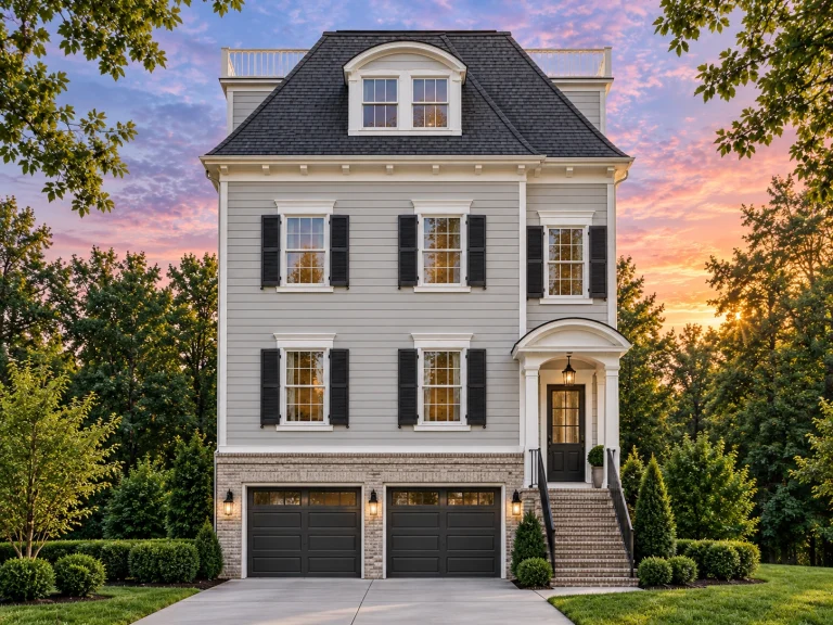 Front elevation of a Classical Southern Neoclassical home featuring stacked porches, columns, and symmetrical Colonial Revival design