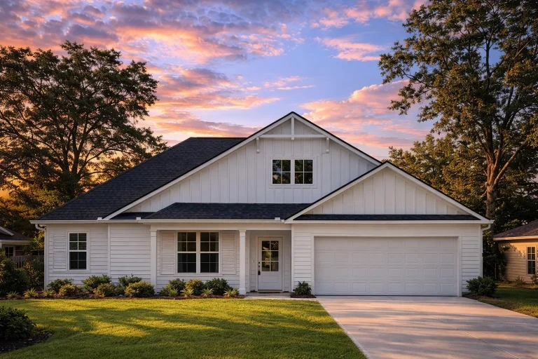 Front elevation of a Craftsman Ranch style home featuring horizontal lap siding, shingle gables, covered porch, and a two-car garage
