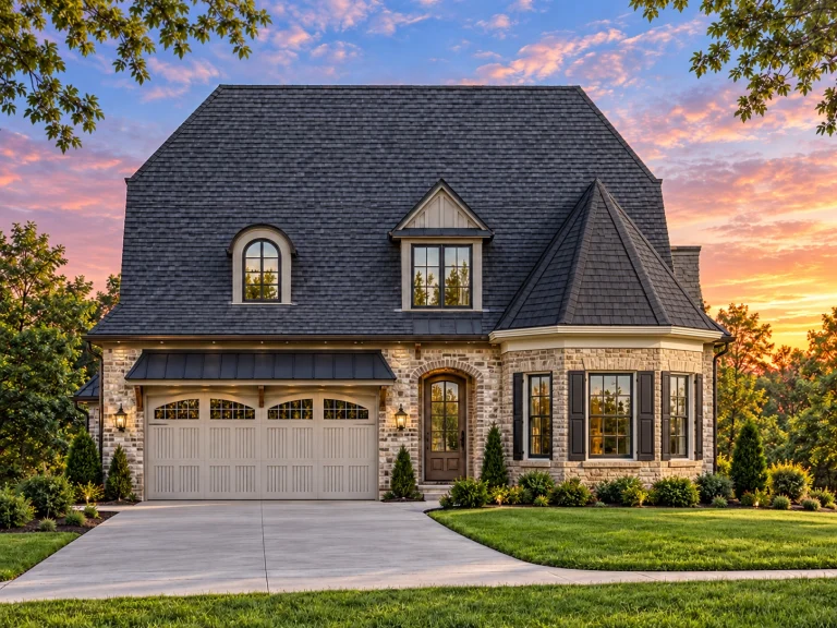 Front elevation of French Country style home with brick and horizontal siding, steep hipped roof, dormer window, and arched entry