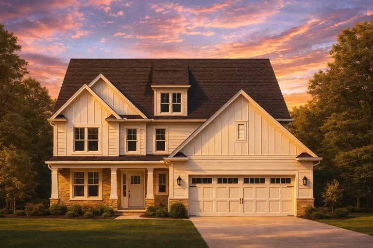 Front elevation of modern farmhouse style home with board and batten siding, gabled rooflines, covered porch, and two-car garage