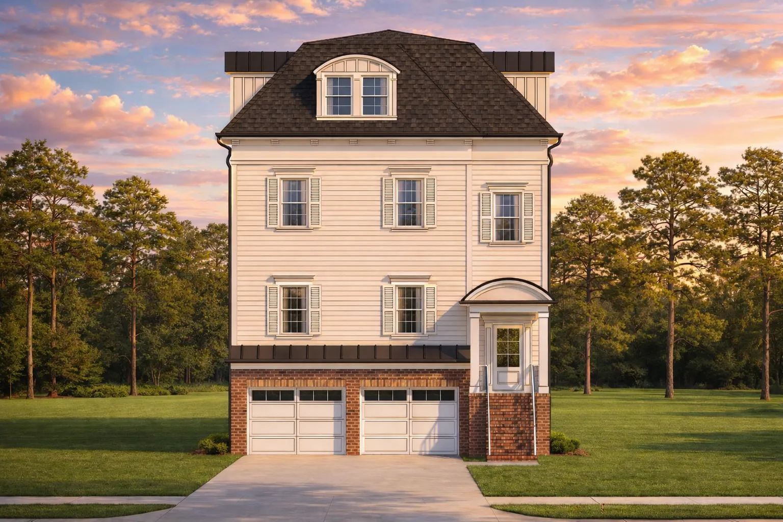 Front elevation of a Classical Southern Neoclassical home featuring stacked porches, columns, and symmetrical Colonial Revival design