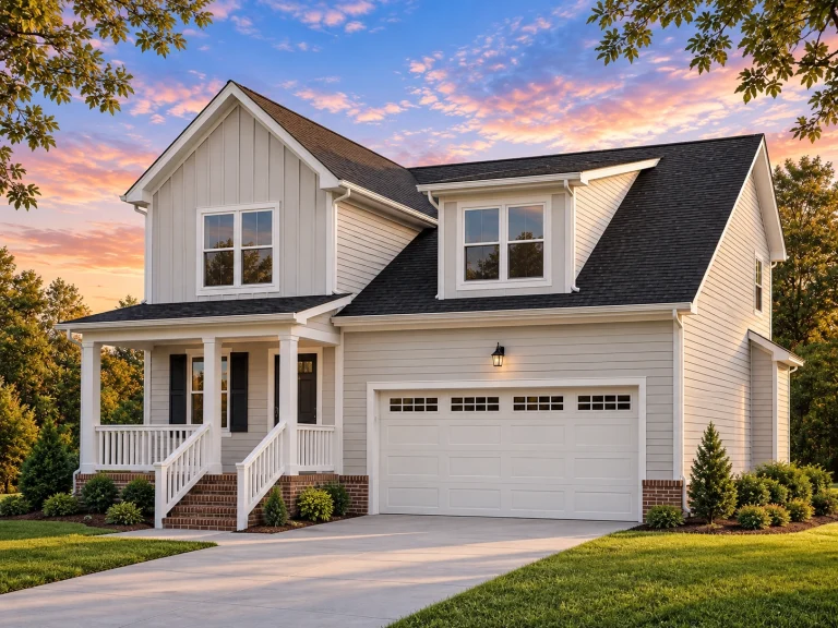Conventional House Plans 8 Front elevation of a modern farmhouse style home featuring white board and batten siding, covered porch, and attached two-car garage
