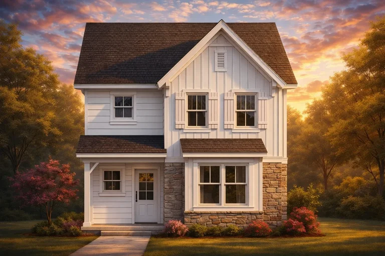 Front elevation of a 2-story Modern Farmhouse with board and batten siding, stone veneer base, gabled rooflines, and symmetrical windows