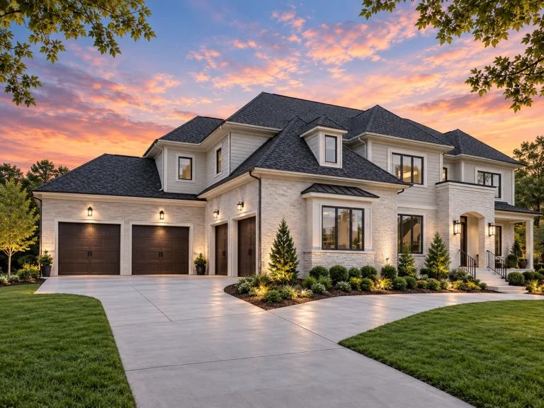 Front exterior of a French Country style luxury home featuring smooth stucco walls, arched windows, dark trim, and a three-car garage