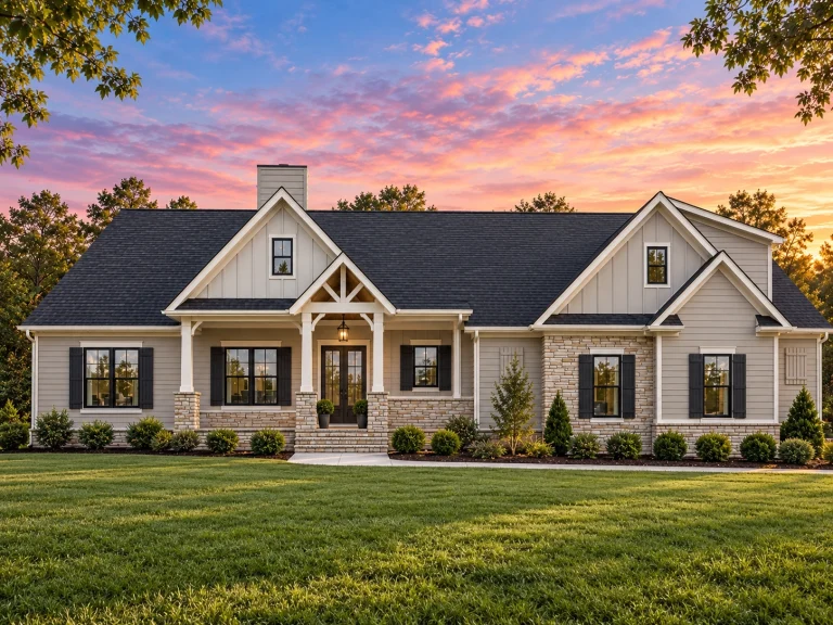 Front view of a Traditional Ranch style home featuring horizontal siding, stone porch columns, and a gable roof with an attached two-car garage