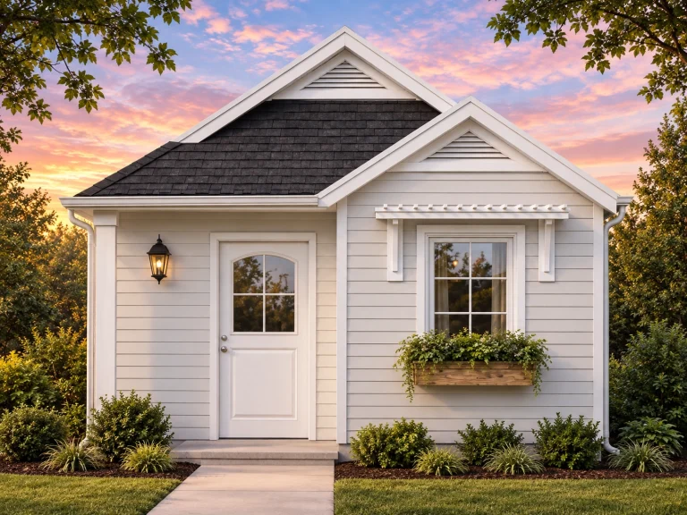 Classical House Plans 17 Front exterior of an American Cottage style home featuring horizontal siding, stone wainscot, gable rooflines, and traditional detailing