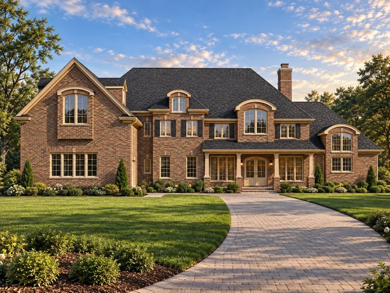 Front elevation of a Traditional Colonial style home with brick exterior, stone accents, symmetrical windows, and covered entry