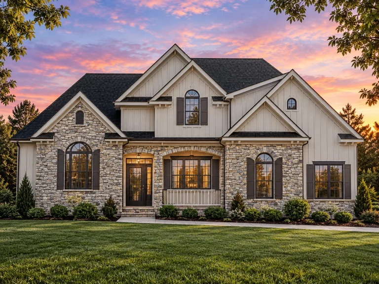 Front elevation of a New American / Modern Traditional two-story home featuring horizontal lap siding, white trim, arched windows, shutters, brick steps, and a covered front porch