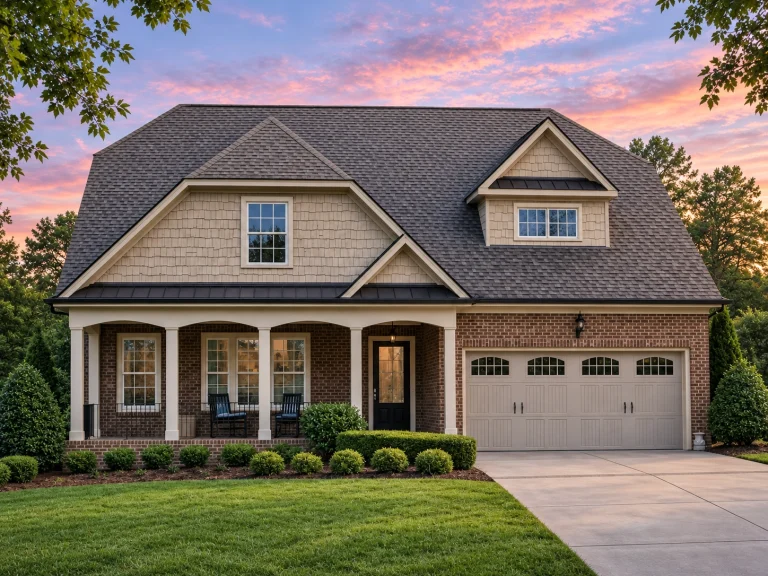 Victorian House Plans 8 Front view of a Traditional Colonial style home featuring a blend of brick, lap siding, and shingle accents with a welcoming covered porch and dormer window