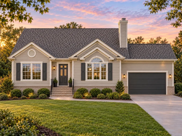 Front elevation of a Traditional Ranch style home featuring horizontal siding, stone chimney, symmetrical windows, and classic suburban curb appeal