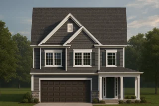 Front elevation of a Traditional Colonial style house featuring horizontal siding, stone wainscoting, black shutters, and a front-entry porch