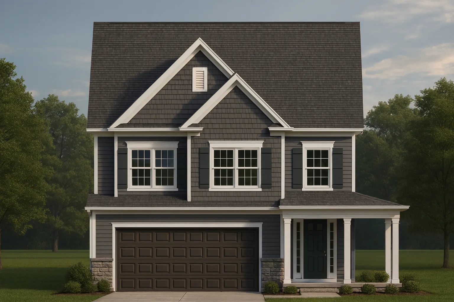 Front elevation of a Traditional Colonial style house featuring horizontal siding, stone wainscoting, black shutters, and a front-entry porch