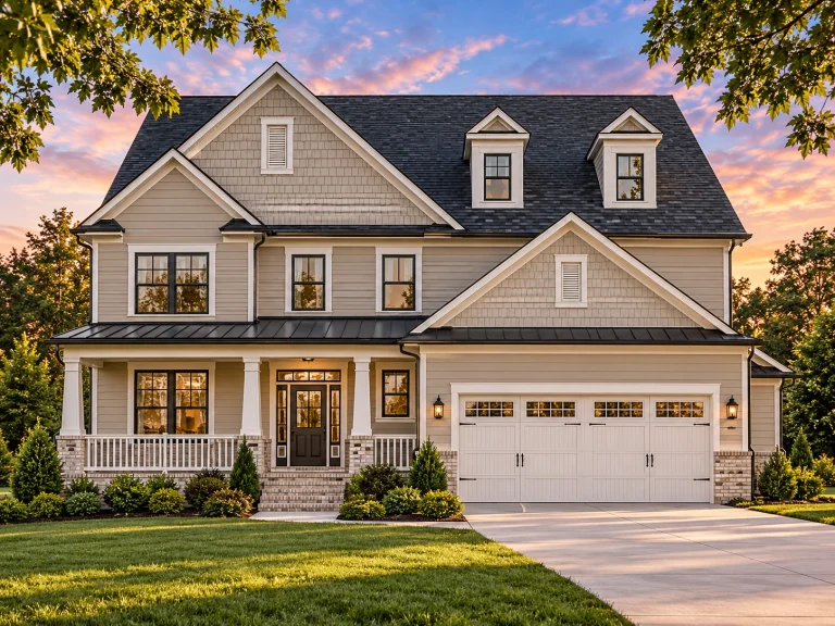Front elevation of modern farmhouse style home with board and batten siding, gabled rooflines, covered porch, and two-car garage