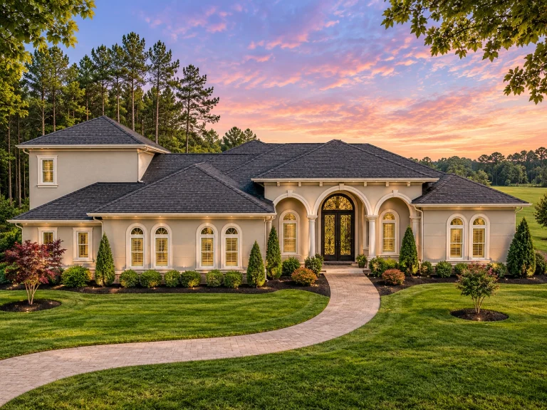 Front elevation of a Mediterranean European style luxury home with stucco exterior, stone accents, arched entry, and manicured landscaping