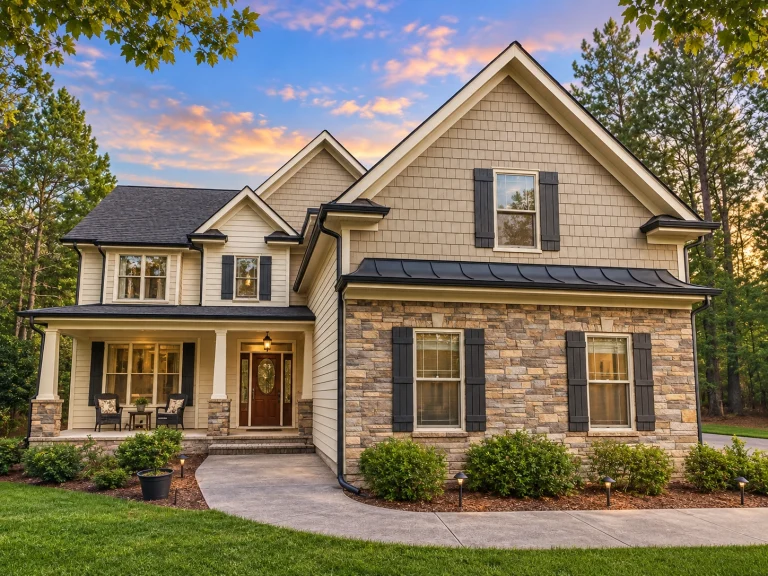3 Bedroom House Plans 15 Front exterior view of a New American Craftsman style home with mixed stone veneer and horizontal siding, gabled rooflines, and covered porch